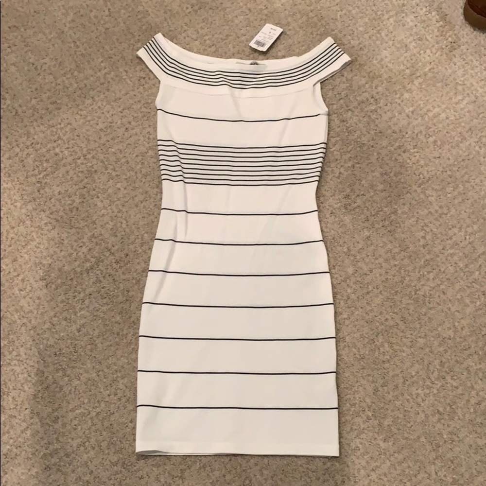 Stripped Off The Shoulder Tight Sheer Dress